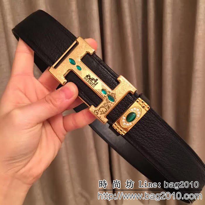 愛馬仕HERMES 太平洋深海鯊魚皮 鑲鑽貓眼石高端男士皮帶 HHG1196